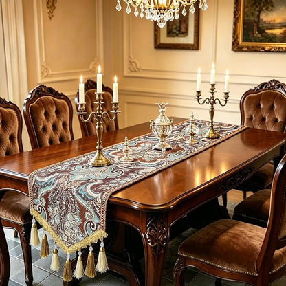 Elegant Table Runner 120" Brown Floral Baroque Medallion - Image 2