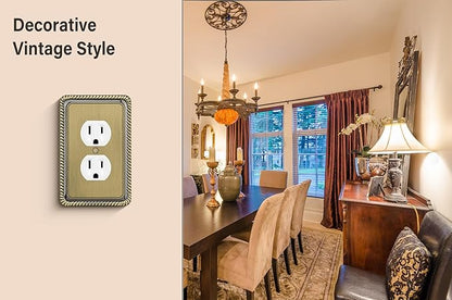 Henne Bery Rope Edge Decorative Wall Plate Switch Plate Outlet Cover (Single Duplex, 3 Pack, Antique Brass)