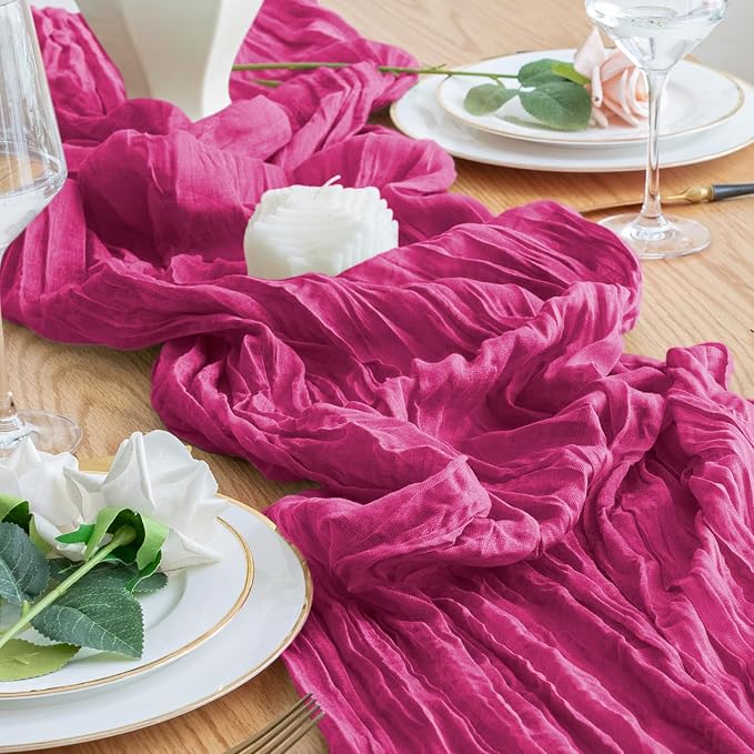 Cheesecloth Table Runner 10FT 2Pcs Fuchsia Boho Gauze Rustic Sheer Runners | - Image 5