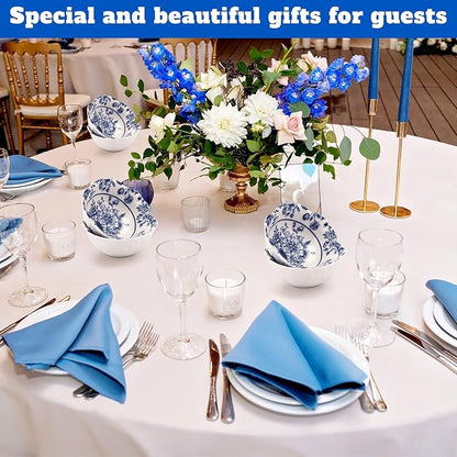 12 Pcs Wedding Favors for Guests Small Ceramic Bowl Bulk Gifts Set 3.3 Inch Floral Design Mini Dipping Sauce Dish with Card Box for Bridal Pooja Baby Shower Birthday Guest Gift (Blue)