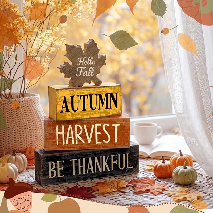 Moucuny 4 Pcs Fall Decor Wooden Maple Leaf Decoration Thanksgiving Tiered Tray - Image 6