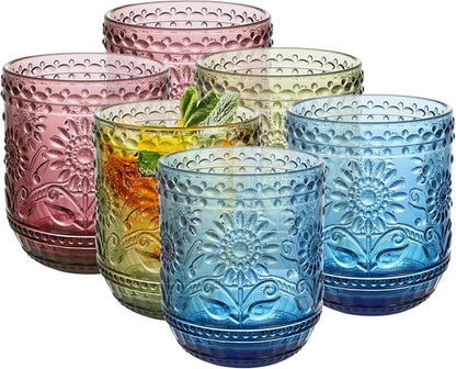 Topsky Vintage Colored Glassware Set of 6,12 oz Green Sunflower Drinking Glasses Set,Blue Drinkware Glasses for Wine,Cocktail,juice,Heavy Duty Glass Cups