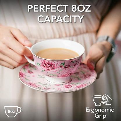 BTaT- Floral Tea Cups and Saucers, 8 oz, Fine Porcelain Teacup Set - Image 3