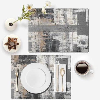 Mcalk Grey Table Runner and Placemats Set of 6, Abstract Black Placemats, Modern Cloth Place Mats Indoor for Kitchen,Washable Linen Material for Dining Table