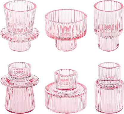 Taper Votive Candle Holder for Pillar Candles Tealight, Candlestick Holder for Wedding Christmas Tea Party, Boho Ribbed Vintage Crystal Glass Table Centerpiece Decor, Bulk Set of 6 (Pink)