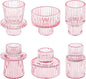 Taper Votive Candle Holder for Pillar Candles Tealight, Candlestick Holder for Wedding Christmas Tea Party, Boho Ribbed Vintage Crystal Glass Table Centerpiece Decor, Bulk Set of 6 (Pink)