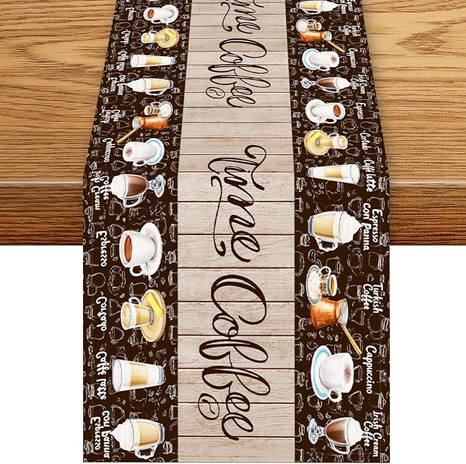 Coffee Time Table Runner, Retro Farmhouse Cafe Cup Tea Coffee Theme Wooden by Unknown