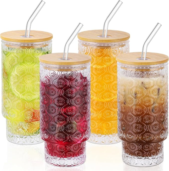 16 Oz Glass Cups Set of 4, Vintage Embossed Floral Glass Tumbler, Iced Coffee by CWHHRN