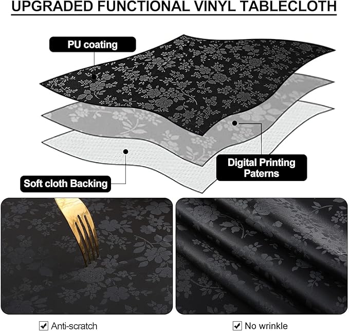 Smiry Rectangle Table Cloth, Waterproof Heavy Duty Vinyl Tablecloths, Wipeable Washable Table Cover for Kitchen and Dining Room (Black, 52" X 70")