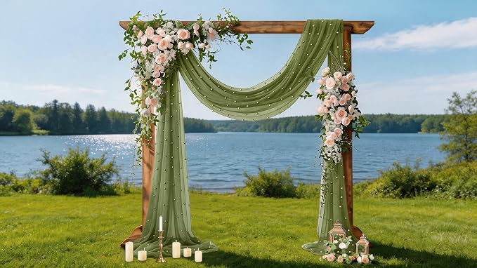 Pearl Table Runner Gauze Sheer 19FT Wedding Draping Fabric Decor | Olive Green - Image 3
