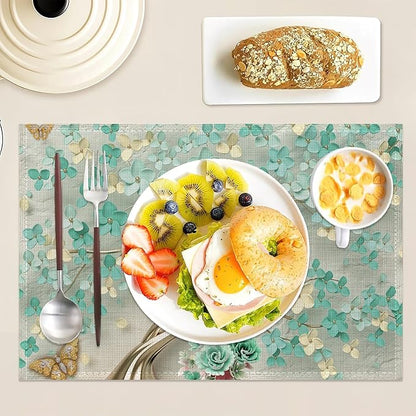 Golden Butterfly and Green Flowers Place Mats Set of 6, Table Mats,Heat Insulation Non Slip Washable Dining Placemats for Wedding Holiday Party Kitchen Decor 12X18 in