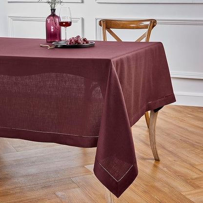 Solino Home Linen Burgundy Tablecloth 60 x 132 Inch - Classic Hemstitch, 100% Pure Linen Rectangular Tablecloth - Machine Washable Table Cloth for Valentines