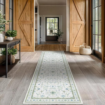 Oushak Wide Hallway Runner Rug 2'6"x8' - Vintage Turkish Floral, Washable Low Pile Non Slip Extra Long Runners for Kitchen, Hall Way - Cream Blue and Green