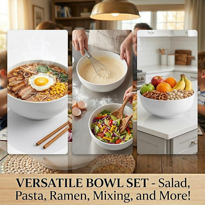 DELLING 60 Oz Large Serving Bowls Set of 3, 8 Inch White Ceramic Mixing Bowls - Image 4