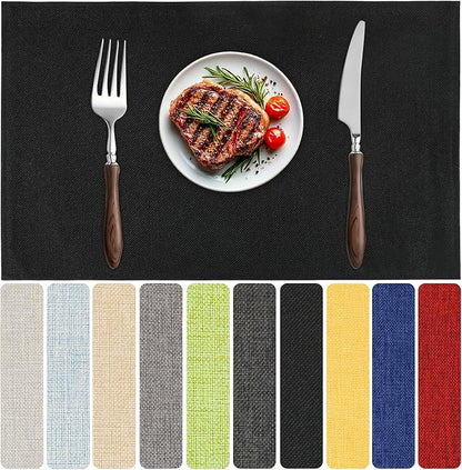 Blue Forest Placemats Set of 8, Dual-Layered Thickened Faux Linen Table Mats Heat Resistant Machine Washable Wrinkle Free Place Mats for Kitchen Dining Outdoor/Indoor (Black)