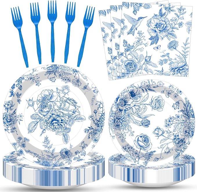 100 Pcs Blue and White Floral Tableware Party Supplies Set, Serves 25 – by Merriva