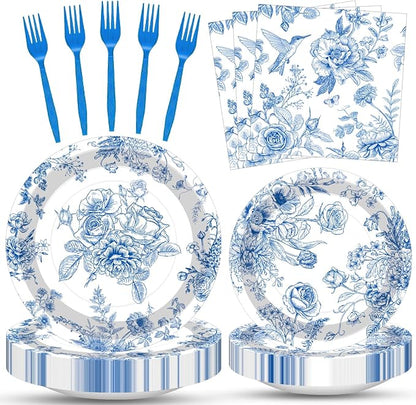 100 Pcs Blue and White Floral Tableware Party Supplies Set, Serves 25 – by Merriva