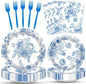 100 Pcs Blue and White Floral Tableware Party Supplies Set, Serves 25 – by Merriva