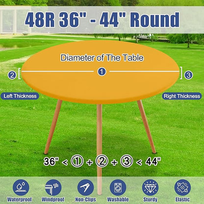 Round Spandex Tablecloth 2 Pack, Elastic Fitted Waterproof Tablecloths for 36"-44" Tables, Stretch Washable Picnic Table Cover for Camping, Dining, Indoor and Outdoor, Mustard Yellow