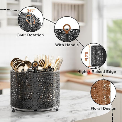 360° Rotating Utensil Caddy Countertop - Cutlery Silverware Caddy Holder with 4 Compartment - Higher Raised Flatware Organizer with Handle for Party Kitchen Counter Office Black