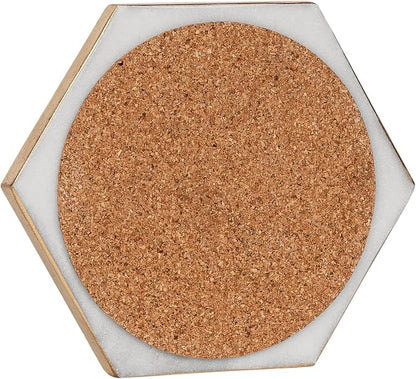 GoCraft Gold Edge Marble Coasters – Set of 6 Hexagon White Stone Coasters for Drinks – Stylish Drinkware Accessories for Wine Glasses, Coffee Mugs & Modern Coffee Table or Bar Decor