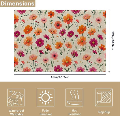 Herbs and Wild Flowers Spring Placemats, Seasonal Summer Placemats 12x18 Inch Waterproof Non-Slip Washable Table Mats for Kitchen Dining Party Table Decor,Set of 6