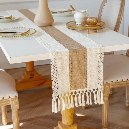 EMMTEEY Boho Table Runner with Tassels 94 Inches Long, Cream Brown | Handmade by EMMTEEY
