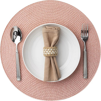 Round Placemats Set of 4 Plastic Woven Placemats Washable Wipeable Table Mats for Dining Table Heat Resistant Non-Slip Circle Place Mats (Sandstone Pink)