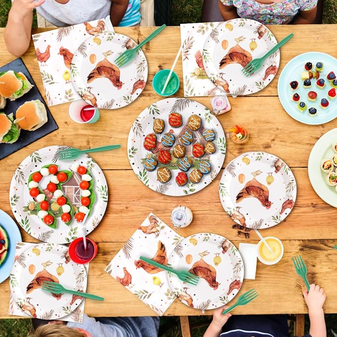 96Pcs Chicken Barnyard Farm Animal Watercolor Hen Chick Party Plates Supplies - Image 5