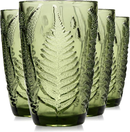 Green Drinking Glasses Set of 4, 12 oz Glass Cups, Vintage Fern Glassware | by QELVIO