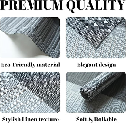 Placemats Set of 8 Vinyl/Plastic Woven Place Mats for Kitchen Table Indoor/Outdoor Washable Placemat Wipeable Dining Table Mats (Ombre Silver Grey Black,8)