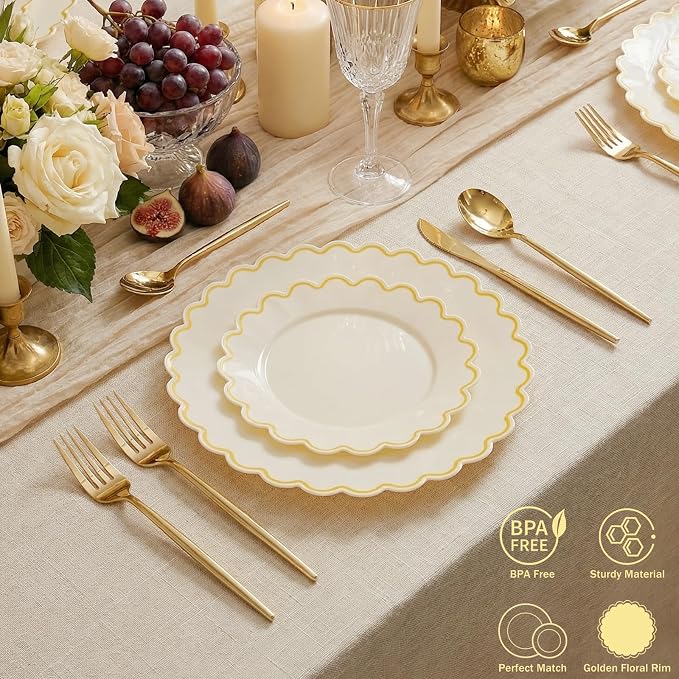 LIYH 100 Pcs Heavy Duty Ivory Gold Plastic Plates - Image 2