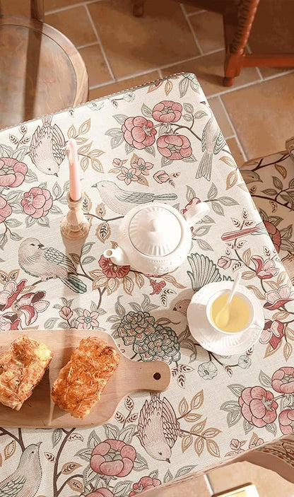 patdrea Designer Pink Linen Table Cloth for Rectangle Table,Vintage Floral with Birds Pattern Decorative Tablcloth,French Table Cover for Kitchen Dining,Thanksgiving,Christmas,63"x87"-Kulom a