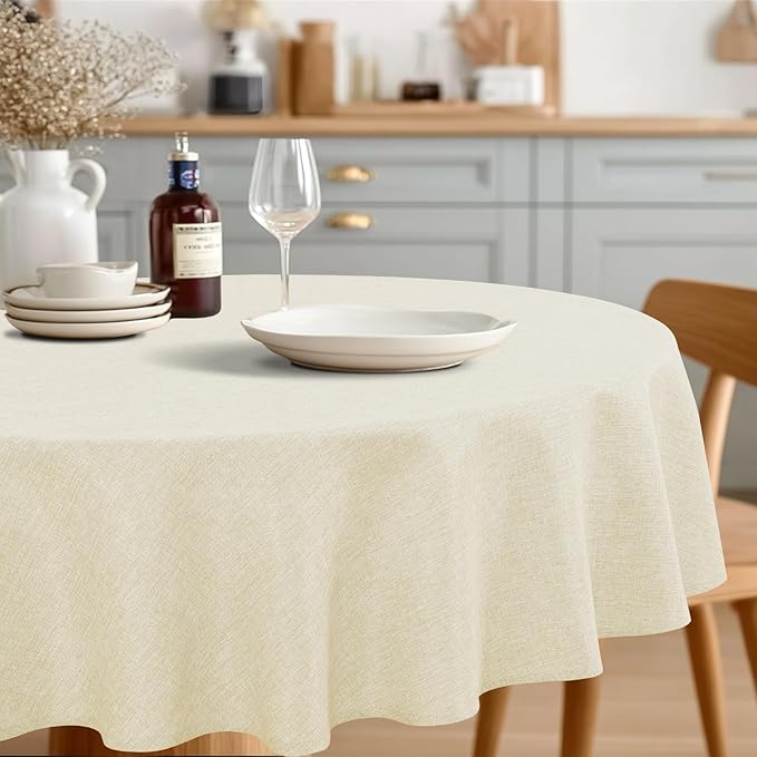 JIUZHEN Round Textured Table Cloth Linen Wrinkle Free Stain Resistant Farmhouse Decorative Circular Tablecloth for Kitchen, Dining, Party, Wedding, Outdoor Use (45 Inch Round,Champagne)