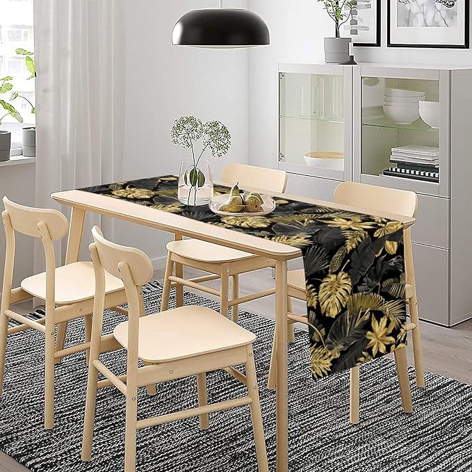Golden Leaves Table Runner Jungle Black Tropical Plam Tree Retro Boho Hawaii - Image 3