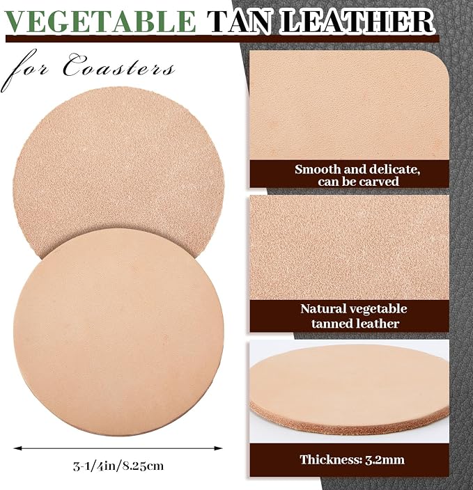 Bulyoou 25 Pcs Round Vegetable Tan Leather Coaster 3-1/4" Circular Tooling | - Image 2