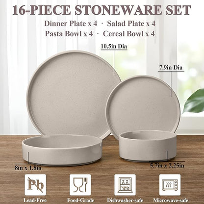 Herogo 16 Piece Plates and Bowls Set, Ceramic Dinnerware Sets with Pasta Bowls, Kitchen Dinner Ware Dishes Service for 4, Chip & Scratch Resistant Dishware, Speckled Coffee Brown