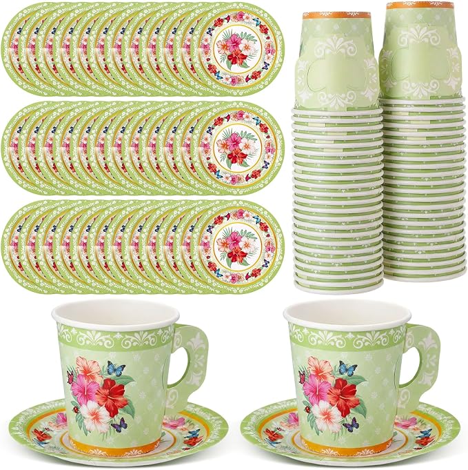 Nuogo 200 Pcs Floral Paper Tea Cups and Saucers 7 oz Disposable Paper Teacups by Nuogo