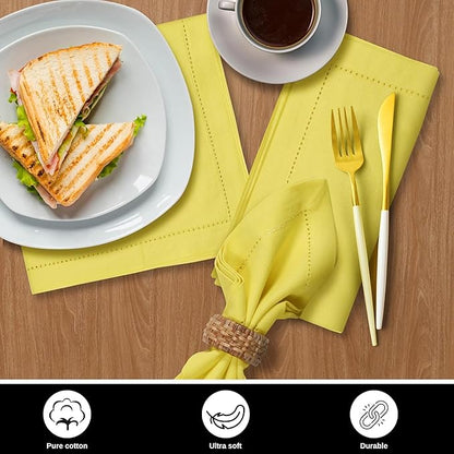 Bedding Craft Hemstitched Cotton Cloth Dinner Napkins Set of 12 – 18x18 Golden Kiwi – Reusable Machine Washable Fabric Napkins for Weddings, Thanksgiving, Christmas & Events