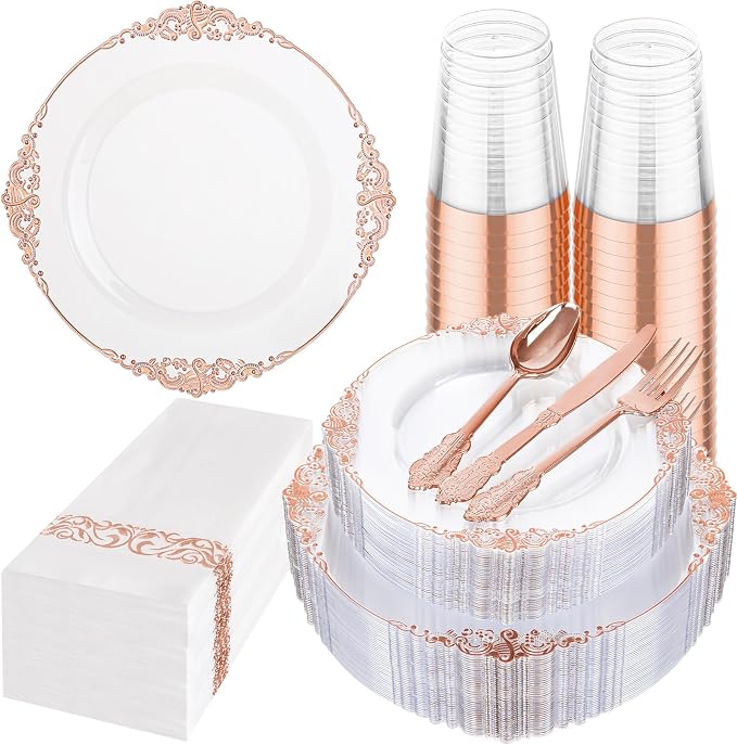 175pcs Clear Rose Gold Plastic Plates by Hioasis