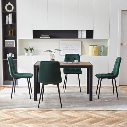 Modern Dining Room Set for 4, 5 Pieces Dining Table Set, Solid Walnut Table Imitation Wood with Sturdy Metal Frame&Legs, Comfy Velvet Dining Chair Armless for Space Saving, Stylish Dinette Set