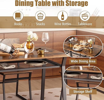 Giantex Dining Table Set for 4, 47”L x 28”W Rectangular Kitchen Table w/ 4 Trapezoid Chairs, Reinforced Metal Frame & Storage Rack, Industrial Space-Saving Dinette Set for Kitchen Dining Room (Brown)