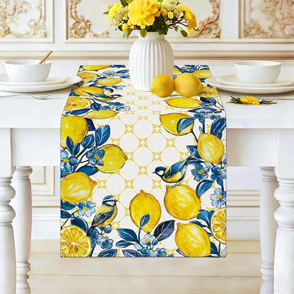 Summer Lemon Bird Table Runner Spring Blue Flowers Burlap Table Runners - Image 3