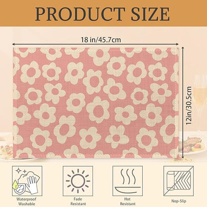 Placemats Set of 6,Groovy Retro Aesthetic Flower Pink Linen Place Mats,Modern Washable Table Placemats 12"x18" Heat Resistant Table Mats for Dining Kitchen Party Holiday Decoration