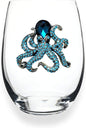 THE QUEENS' JEWELS - Octopus Jeweled Stemless Wine Glass, 21 oz. - Dazzling and Unique - Hand Decorated Glassware - Not Painted