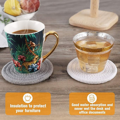 ABenkle 8 Pcs Drink Coasters with Holder, Cotton Woven Absorbent Coasters for Drinks, Minimalist Home Decor Coaster Set for Wooden Tabletop Protection Table, 4.3 inches White