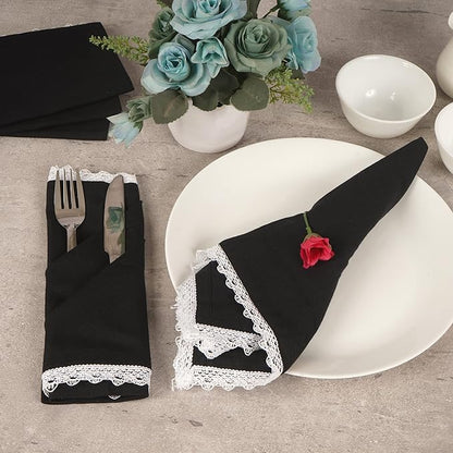 Fingercraft Dinner Cloth Napkin Cotton Linen Set of 12 Mitered Corners with Natural Elegant Lace for Everyday Use Napkins are Pre Shrunk and Good Absorbency with Lace 20x20 in Black