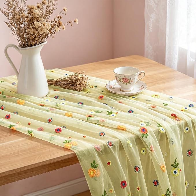 BINBE 3pcs Daisy Spring Table Runner Embroidery Gauze 10FT Florals Seasonal - Image 4