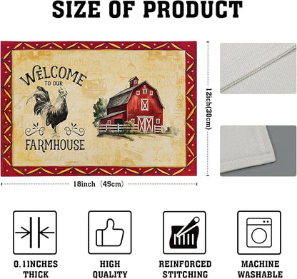 Giwawa Rooster Chicken Placemats, Welcome to Our Farmhouse Linen Place Mat, Vintage Animal Farm Decorative Washable Non Slip Table Mats for Dining Kitchen Party, Set of 4, 12"x18"