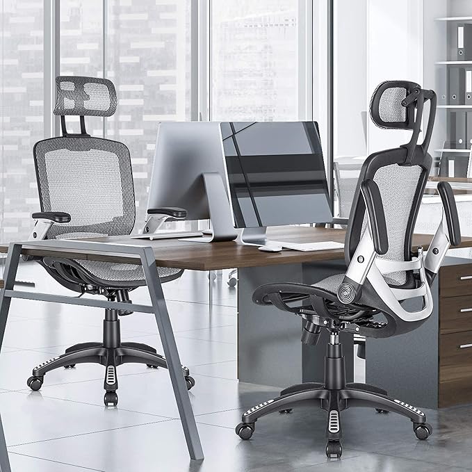 GABRYLLY Ergonomic Office Chair, High Back Home Desk Chair with Headrest, Flip-Up Arms, 90-120° Tilt Lock and Wide Cushion, Big and Tall Mesh Chairs for Man Woman, Grey Task Chair